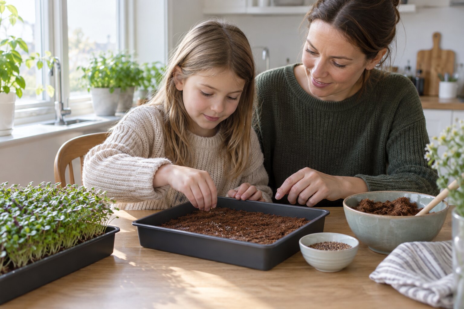 Barn och vuxna odlar mikrogrönsaker tillsammans i en bricka med kokosjord