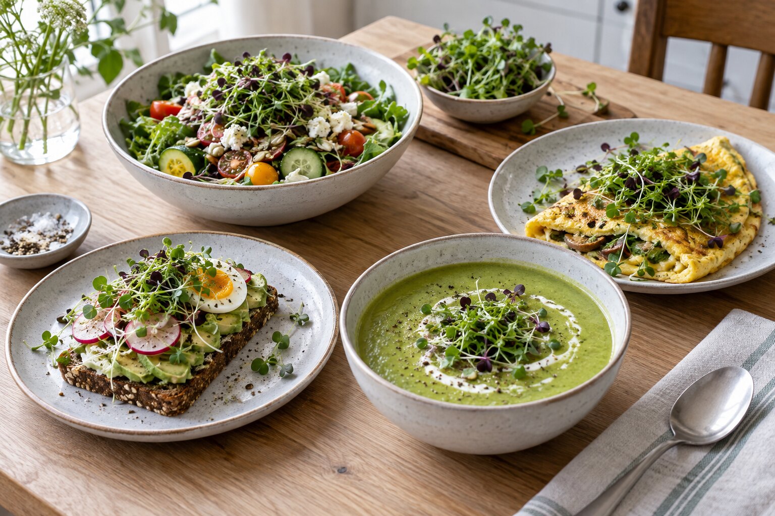 Fyra rätter med färska mikrogrönsaker: sallad, rågbröd, soppa och omelett