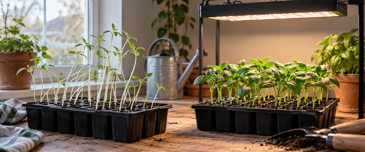 Blog om grolys og plantevækst 257 Ranglede frøplanter sammenlignet med kompakte planter under grolys