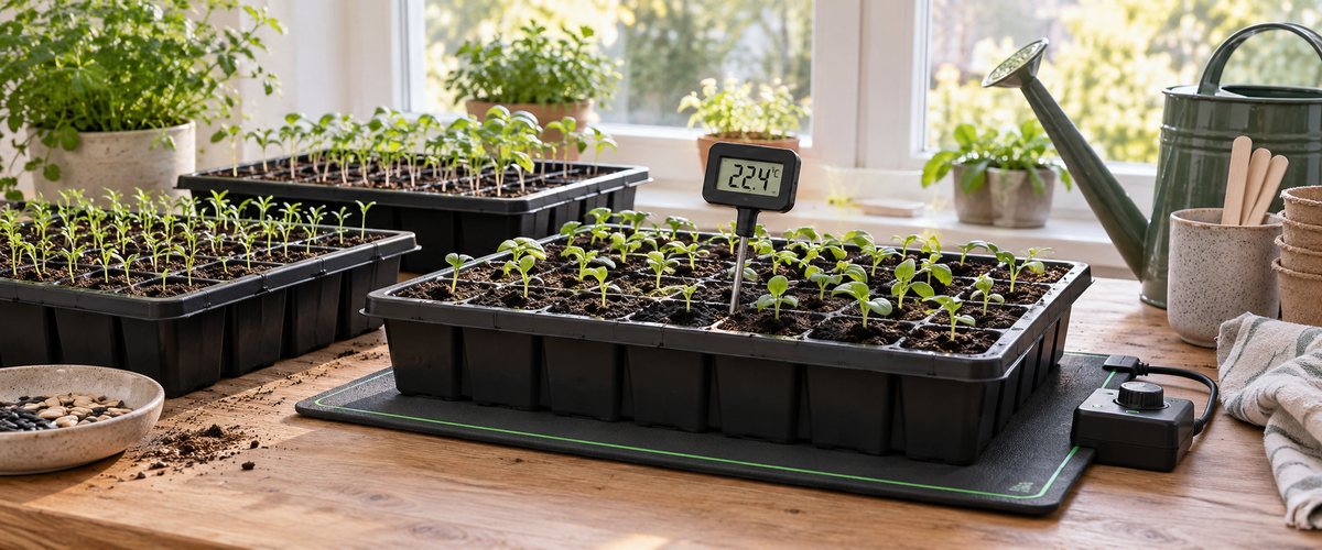 Grodningsbrickor på värmematta med termometer för mätning av groddtemperatur